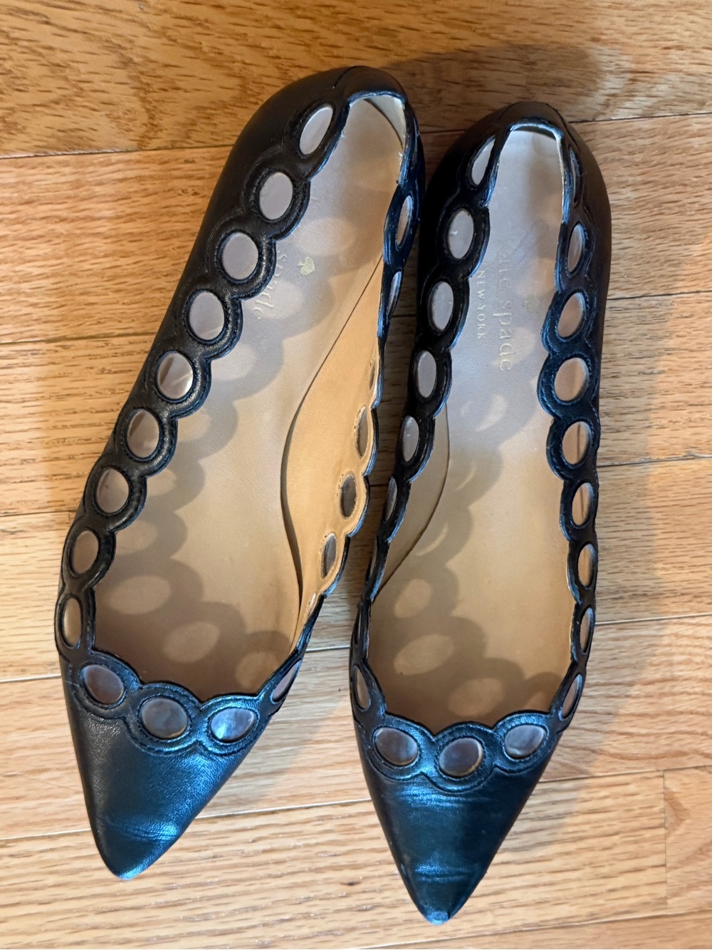 kate spade Black Leather Pointed Toe Flats with Circular Cutouts Size 7